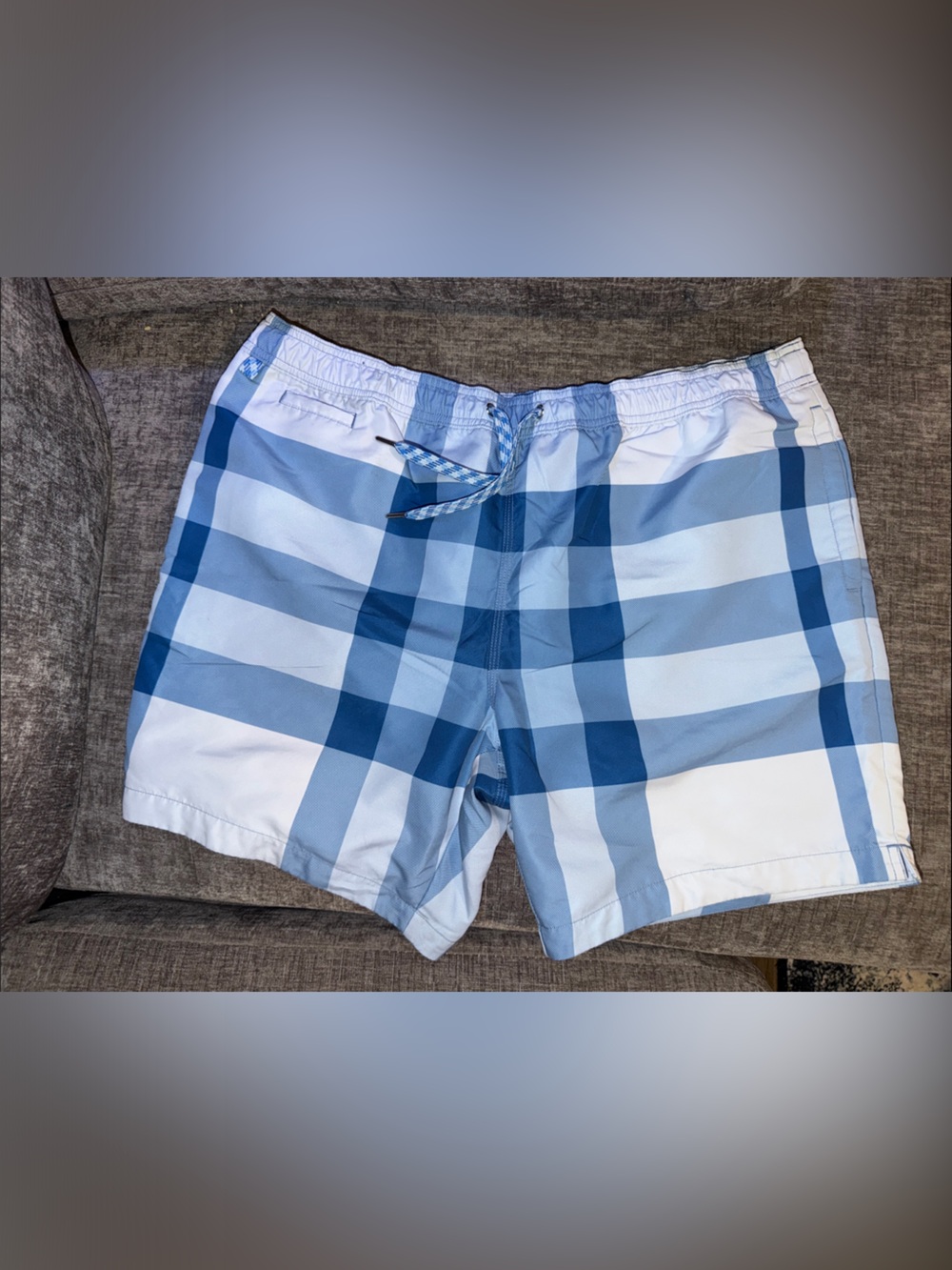 Men's Blue Plaid Swim Trunks - Lightweight Beach Shorts XL
